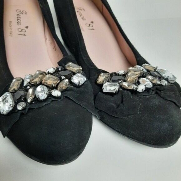 FERCA 81 Italy Jeweled Gem Suede Wedges Heels Black Shoes Sz 8.5 / Eur 39 - Picture 6 of 16